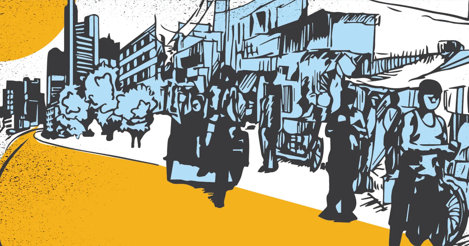 A bustling urban market street contrasts with modern high-rises, illustrating the divide in city development. Illustration: Yamrote Alemu