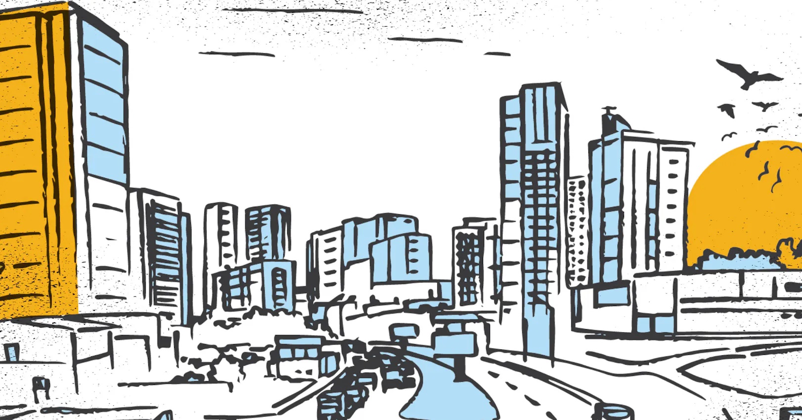 A modern skyline grows under the setting sun, symbolising rapid urbanisation and the changing face of the city. Illustration: Yamrote Alemu